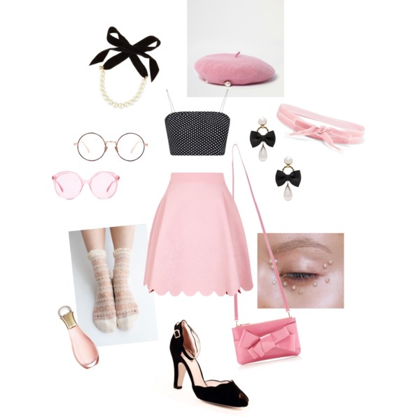 outfit set in pink and black with prominent pearl accents, numerous neat flat bows, scalloped edges, contrasting textures, a little preppy, a little 'girl who dreams about going to Paris on her honeymoon'